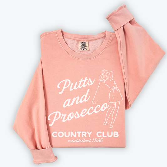 Putts and Prosecco Comfort Colors Lightweight Cotton Golf Sweatshirt with vintage vibes, perfect for birthday or bachelorette party