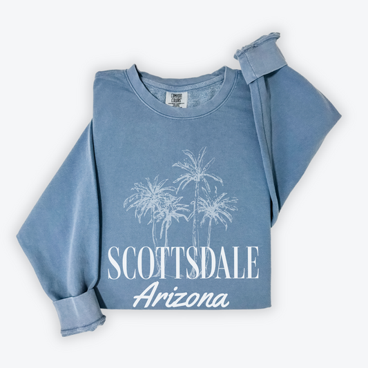 Lightweight cotton crewneck sweatshirt with "Scottsdale, Arizona" and boho-style palm trees.