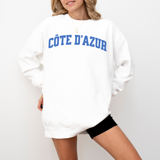 Côte d'Azur Comfort Colors lightweight cotton crewneck sweatshirt in a simple, sporty university font, perfect for travel days with a relaxed and comfortable fit.