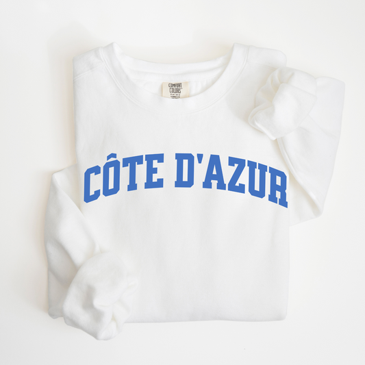 Côte d'Azur Comfort Colors lightweight cotton crewneck sweatshirt in a simple, sporty university font, perfect for travel days with a relaxed and comfortable fit.