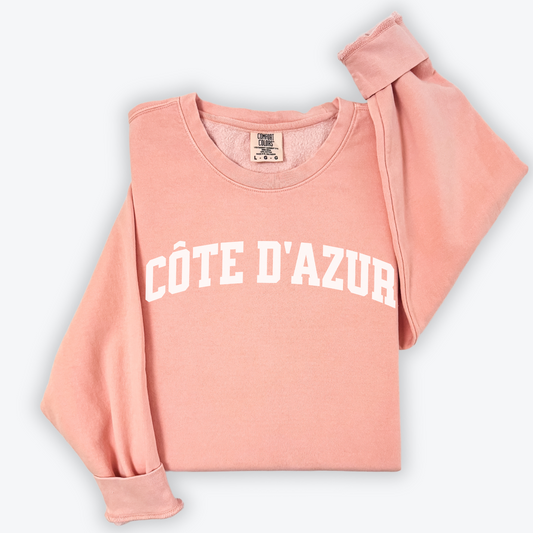 Côte d'Azur Comfort Colors lightweight cotton crewneck sweatshirt in a simple, sporty university font, perfect for travel days with a relaxed and comfortable fit.