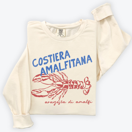 Lightweight cotton crewneck sweatshirt with "Costiera Amalfitana" in vintage retro boho style, featuring a lobster graphic, inspired by the Italian coastal lifestyle.