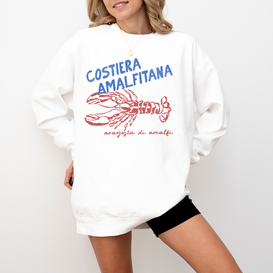 Lightweight cotton crewneck sweatshirt with "Costiera Amalfitana" in vintage retro boho style, featuring a lobster graphic, inspired by the Italian coastal lifestyle.