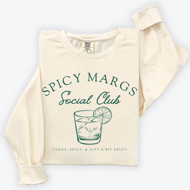 A Comfort Colors lightweight cotton crewneck sweatshirt with "Spicy Margs Social Club" printed in a fun, vintage retro style, ideal for girls' trips, bachelorette parties, or as a spirited gift.