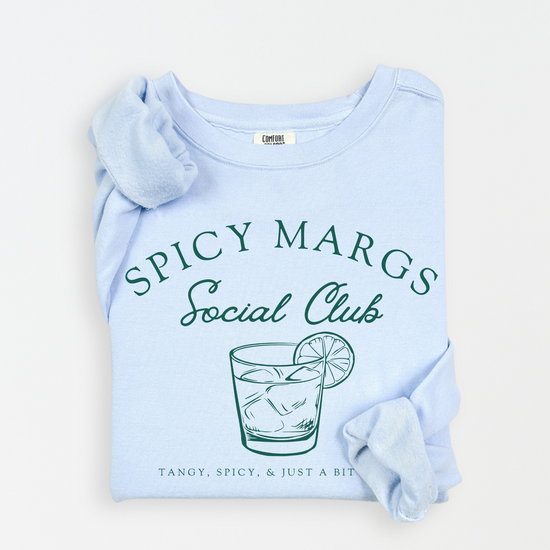 A Comfort Colors lightweight cotton crewneck sweatshirt with "Spicy Margs Social Club" printed in a fun, vintage retro style, ideal for girls' trips, bachelorette parties, or as a spirited gift.