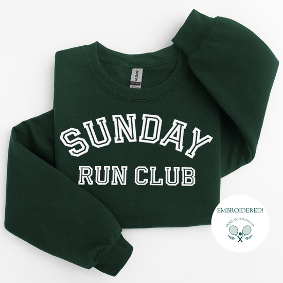 A sweatshirt with "Sunday Run Club" embroidered in bold white stitching across the front, approximately 10 inches wide. The design has a sporty, vintage-inspired look, ideal for casual athleisure wear or workouts.