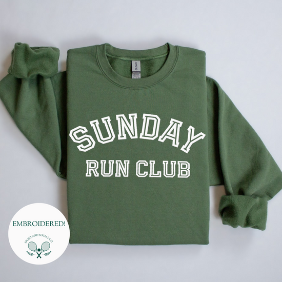 A sweatshirt with "Sunday Run Club" embroidered in bold white stitching across the front, approximately 10 inches wide. The design has a sporty, vintage-inspired look, ideal for casual athleisure wear or workouts.