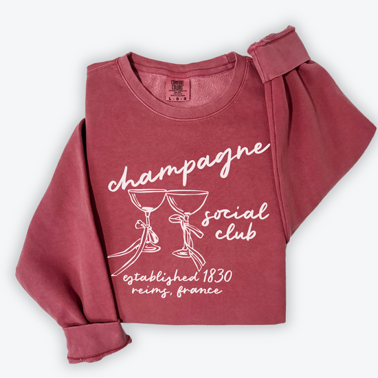 Champagne Social Club Comfort Colors lightweight crewneck sweatshirt with a boho-inspired design. Soft garment-dyed cotton, perfect for girls' nights, brunch outings, or casual celebrations.