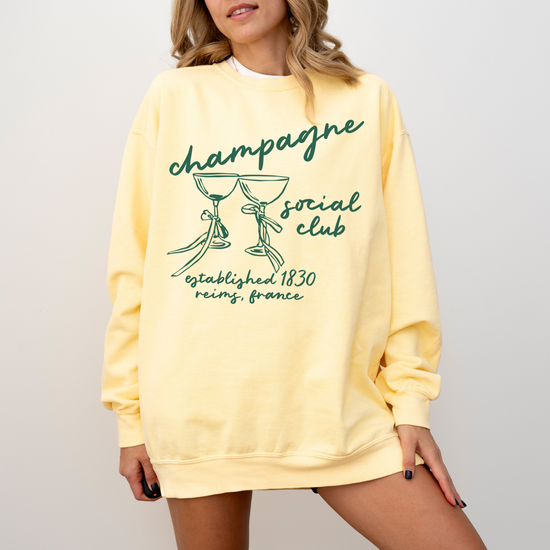 Champagne Social Club Comfort Colors lightweight crewneck sweatshirt with a boho-inspired design. Soft garment-dyed cotton, perfect for girls' nights, brunch outings, or casual celebrations.