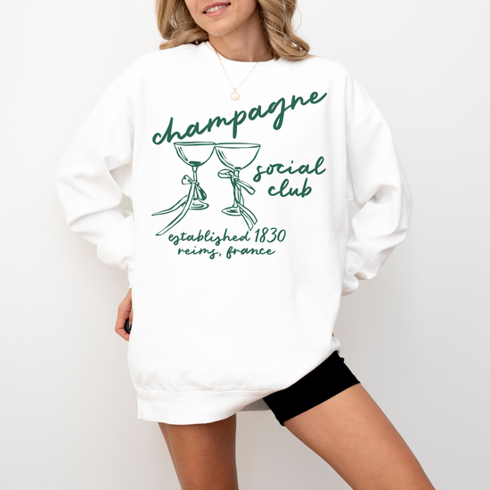 Champagne Social Club Comfort Colors lightweight crewneck sweatshirt with a boho-inspired design. Soft garment-dyed cotton, perfect for girls' nights, brunch outings, or casual celebrations.