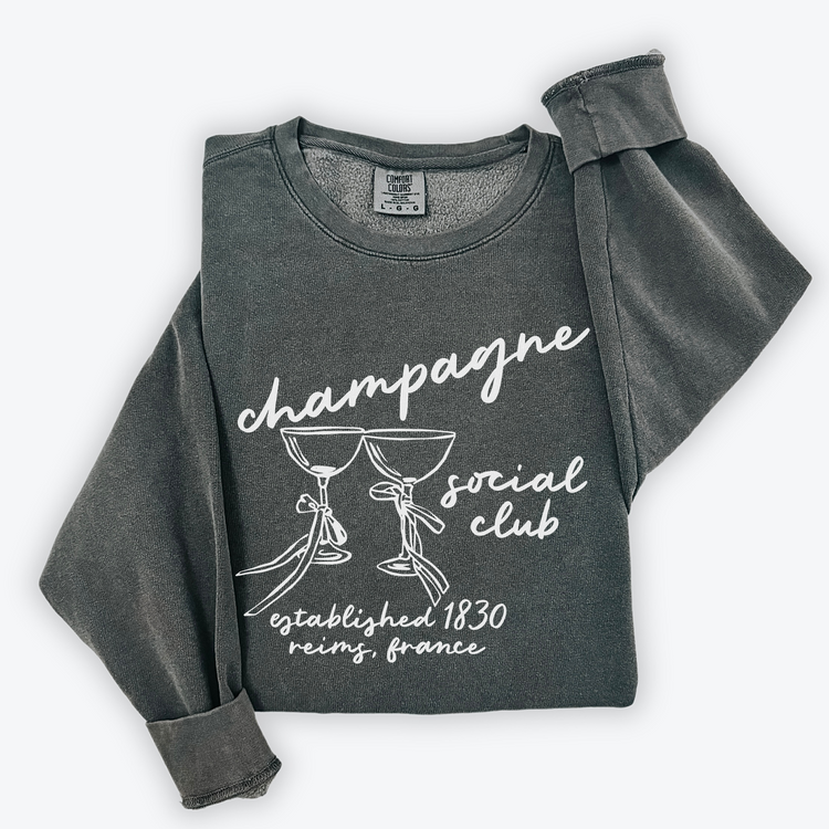 Champagne Social Club Comfort Colors lightweight crewneck sweatshirt with a boho-inspired design. Soft garment-dyed cotton, perfect for girls' nights, brunch outings, or casual celebrations.