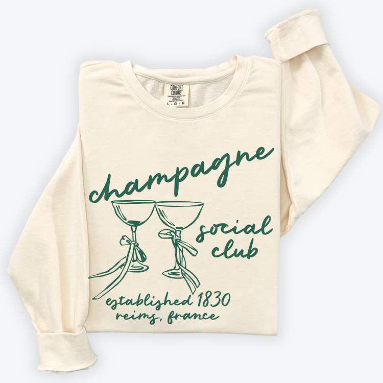 Champagne Social Club Comfort Colors lightweight crewneck sweatshirt with a boho-inspired design. Soft garment-dyed cotton, perfect for girls' nights, brunch outings, or casual celebrations.