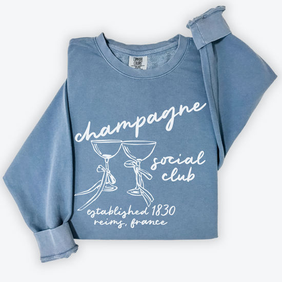 Champagne Social Club Comfort Colors lightweight crewneck sweatshirt with a boho-inspired design. Soft garment-dyed cotton, perfect for girls' nights, brunch outings, or casual celebrations.