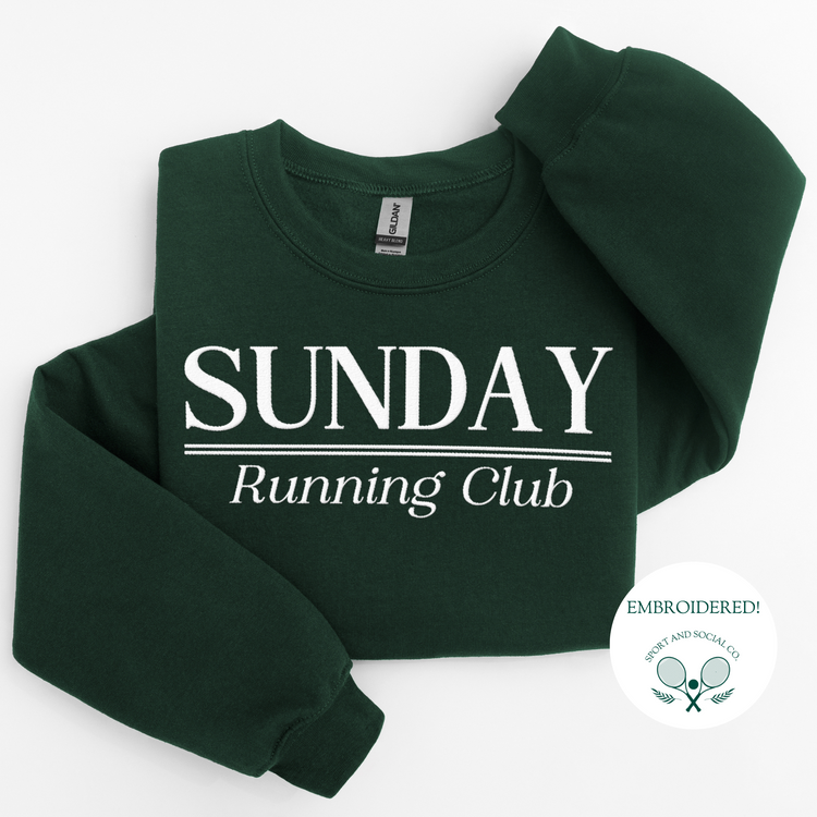 Sunday Running Club embroidered crewneck sweatshirt in soft cotton blend fabric, featuring a relaxed fit and timeless design perfect for runners and casual wear.