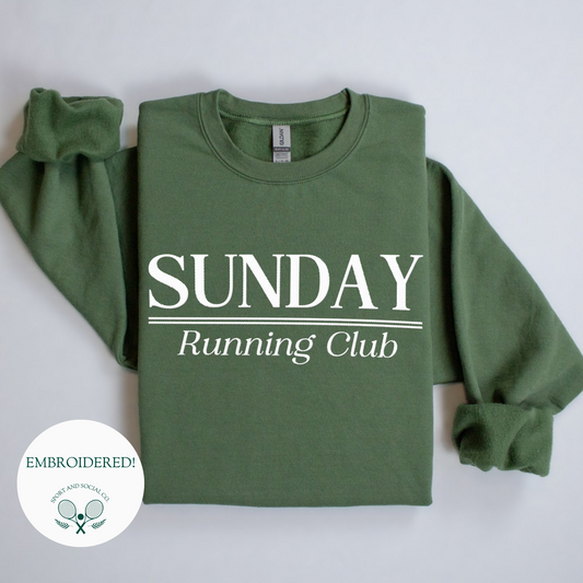 Sunday Running Club embroidered crewneck sweatshirt in soft cotton blend fabric, featuring a relaxed fit and timeless design perfect for runners and casual wear.