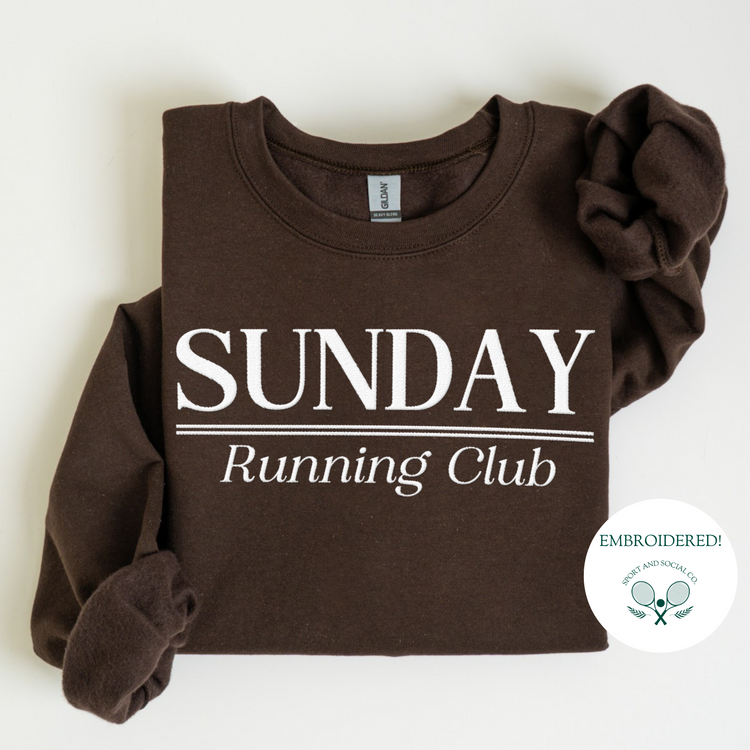 Sunday Running Club embroidered crewneck sweatshirt in soft cotton blend fabric, featuring a relaxed fit and timeless design perfect for runners and casual wear.