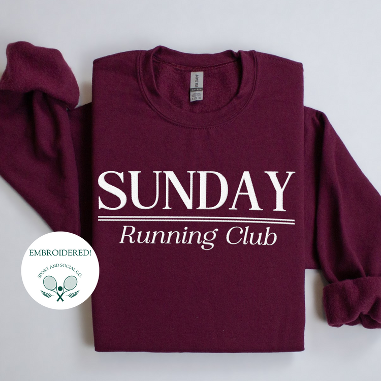 Sunday Running Club embroidered crewneck sweatshirt in soft cotton blend fabric, featuring a relaxed fit and timeless design perfect for runners and casual wear.