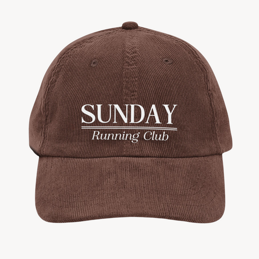 Sunday Running Club vintage corduroy cap with detailed embroidery, adjustable strap, and retro-inspired design, perfect for runners and casual outings.