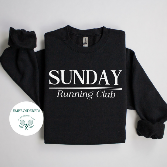 Sunday Running Club embroidered crewneck sweatshirt in soft cotton blend fabric, featuring a relaxed fit and timeless design perfect for runners and casual wear.