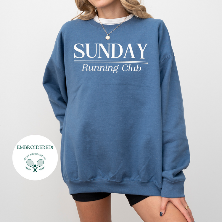 Sunday Running Club embroidered crewneck sweatshirt in soft cotton blend fabric, featuring a relaxed fit and timeless design perfect for runners and casual wear.