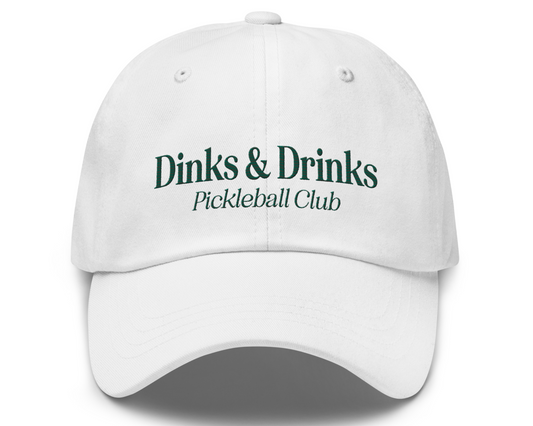 Dinks & Drinks Pickleball Club Baseball, Dad Hat, Front View, White