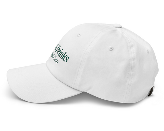 Dinks & Drinks Pickleball Club Baseball, Dad Hat, Side View, White