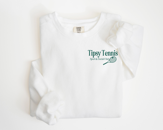 Tipsy Tennis Sport and Social Club, Athleisure Crewneck Sweatshirt, Tennis Racket, Country Club, Folded,  White