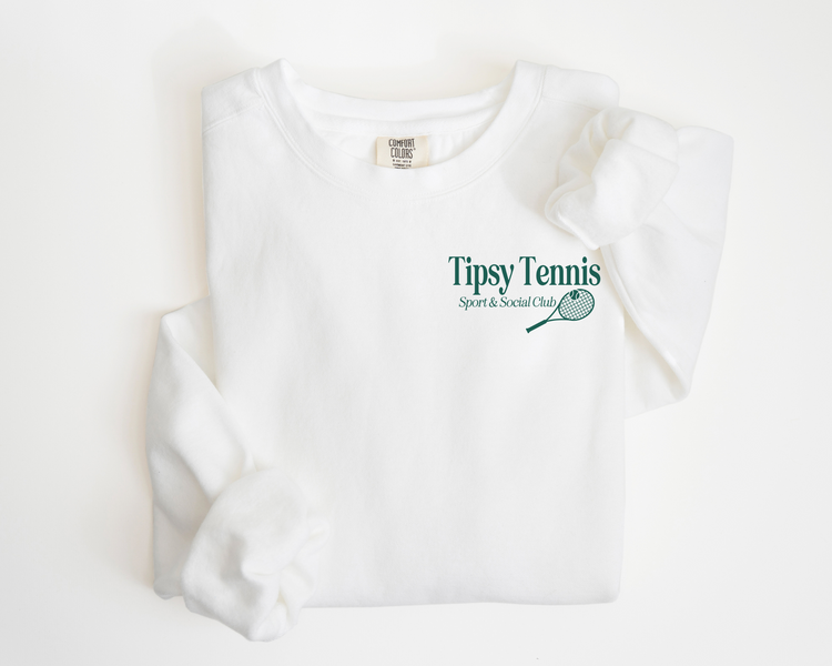 Tipsy Tennis Sport and Social Club, Athleisure Crewneck Sweatshirt, Tennis Racket, Country Club, Folded,  White