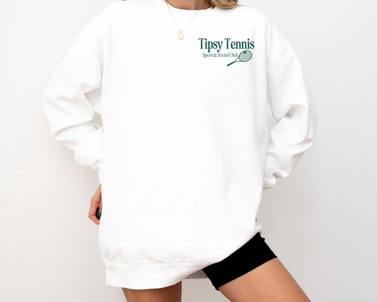 Tipsy Tennis Sport and Social Club, Athleisure Crewneck Sweatshirt, Tennis Racket, Country Club, Front on Model, White