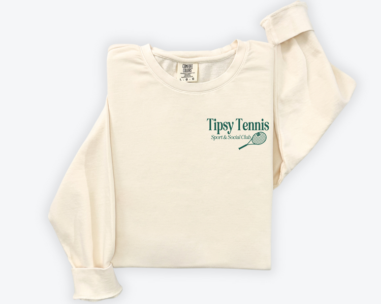 Tipsy Tennis Sport and Social Club, Athleisure Crewneck Sweatshirt, Tennis Racket, Country Club, Folded, Ivory