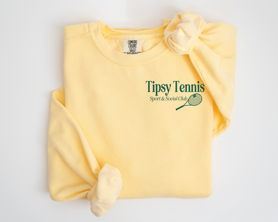 Tipsy Tennis Sport and Social Club, Athleisure Crewneck Sweatshirt, Tennis Racket, Country Club, Folded, Yellow