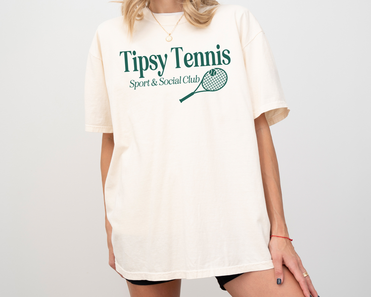 Tipsy Tennis Sport and Social Club Short Sleeve Cotton T-Shirt, Unsiex, Oversized, Model Front View, Ivory