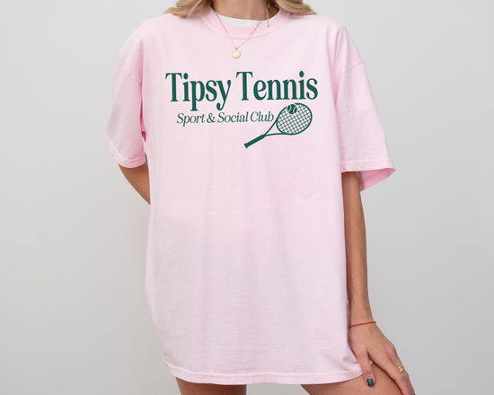 Tipsy Tennis Sport and Social Club Short Sleeve Cotton T-Shirt, Unsiex, Oversized, Model Front View, Pink