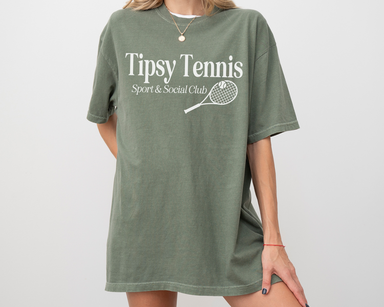 Tipsy Tennis Sport and Social Club Short Sleeve Cotton T-Shirt, Unsiex, Oversized, Model Front View, Green