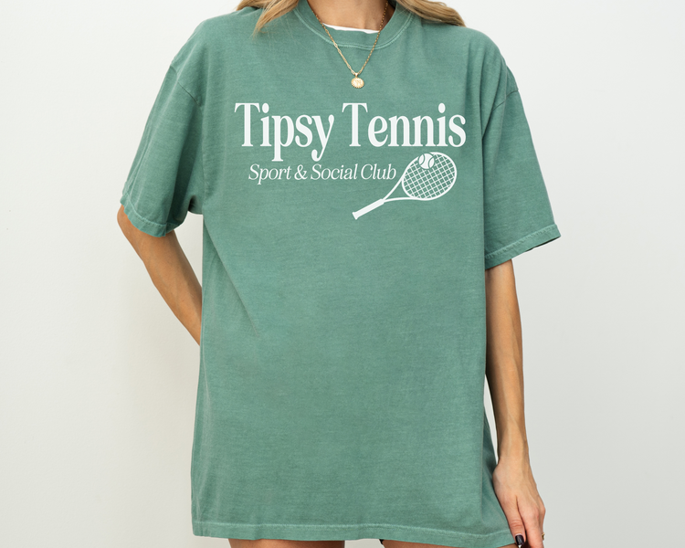 Tipsy Tennis Sport and Social Club Short Sleeve Cotton T-Shirt, Unsiex, Oversized, Model Front View, Green