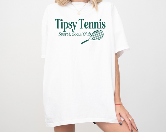 Tipsy Tennis Sport and Social Club Short Sleeve Cotton T-Shirt, Unsiex, Oversized, Model Front View, White