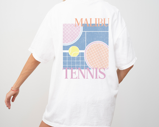 Malibu Tennis Short Sleeve Cotton T-Shirt, Back of Shirt Print, Vintage Retro Style, White