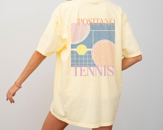 Positano Tennis, Amalfi Coast Short Sleeve T-Shirt, Back of Shirt Print, Yellow