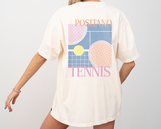 Positano Tennis, Amalfi Coast Short Sleeve T-Shirt, Back of Shirt Print, Ivory