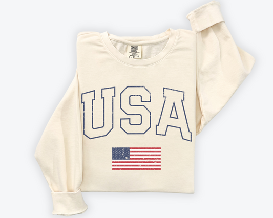 USA Vintage Style Crewneck Sweatshirt, American Flag, Patriotic Outfit, Folded Sweater, Ivory