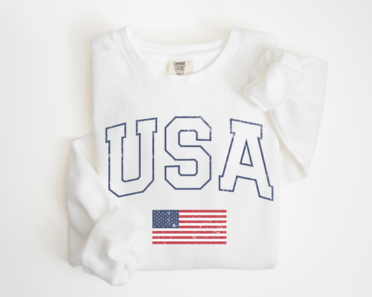 USA Vintage Style Crewneck Sweatshirt, American Flag, Patriotic Outfit, Folded Sweater, White