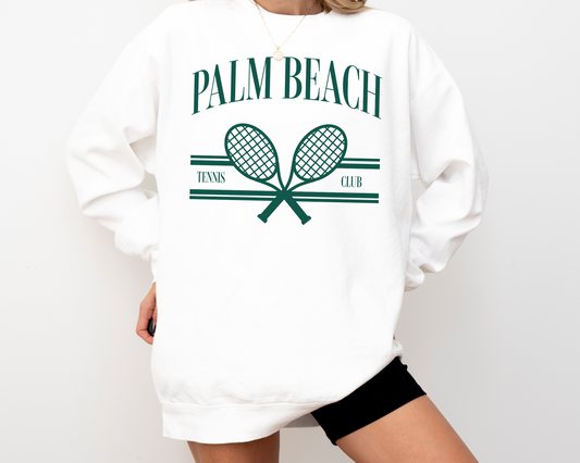 Palm Beach Tennis Club Crewneck Sweatshirt, Vintage Athleisure Sporty Style, White