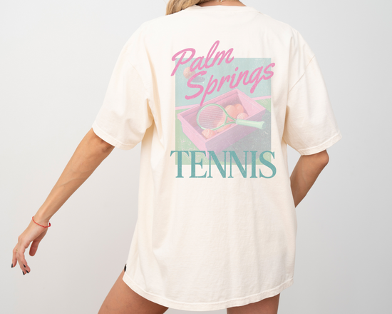 Vintage Palm Springs Tennis Shirt, Retro 80s Athletic Tee, Ivory