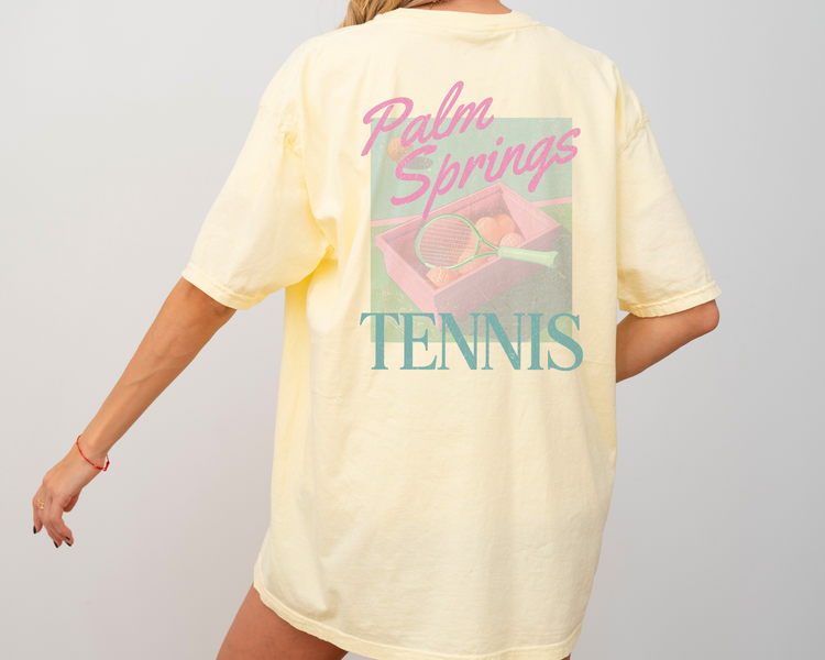 Vintage Palm Springs Tennis Shirt, Retro 80s Athletic Tee, Yellow