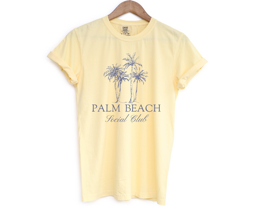 Palm Beach Social Club, Palm Trees, Preppy Style, Short Sleeve Cotton T-Shirt, Yellow