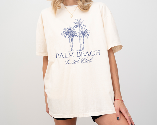 Palm Beach Social Club, Palm Trees, Preppy Style, Short Sleeve Cotton T-Shirt, Ivory