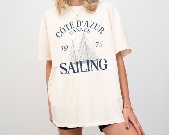 Cannes, Côte d'Azur Sailing Short Sleeve T-Shirt, Vintage, Faded, Grunge Style, On Model, Ivory Color