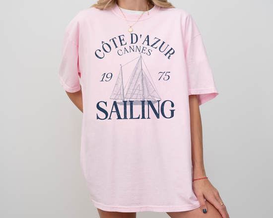 Cannes, Côte d'Azur Sailing Short Sleeve T-Shirt, Vintage, Faded, Grunge Style, On Model, Pink Color