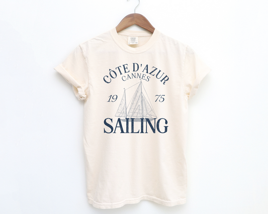 Cannes, Côte d'Azur Sailing Short Sleeve T-Shirt, Vintage, Faded, Grunge Style, Front View, Ivory Color