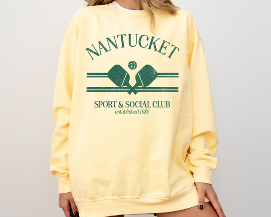 Nantucket Sport & Social Club, Pickleball, Vintage, Worn, Faded Look, On Model, Front View, Yellow, Butter Color